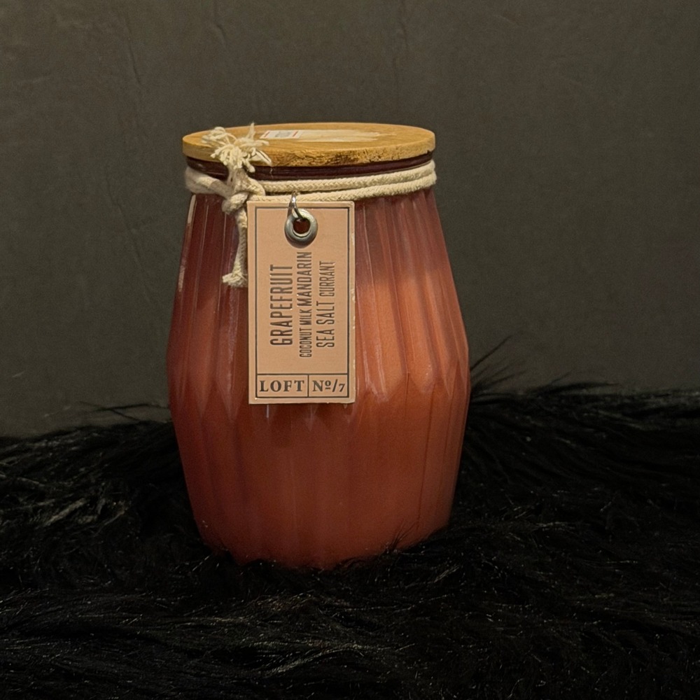 Loft No. 7 Grapefruit Candle 12.5oz Pink Fluted Glass Wood Lid NWT Boho Decor